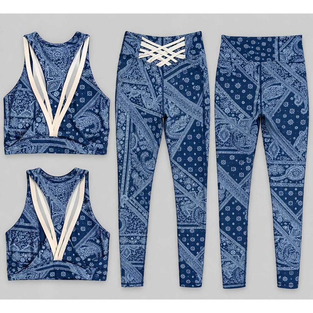 vid 17 2 piece Fabletics Blue Racerback Sports Bra and leggins Size XL.